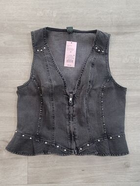 wild fable Washed Black Studded Zip-Front Women's Vest